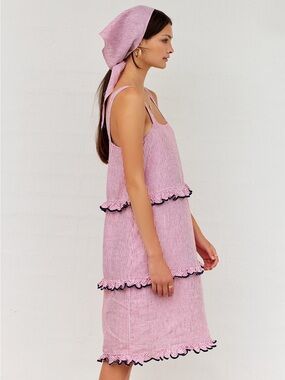 NWOT Alessandra 100% Linen Pinstripe Tiered Midi Dress coquette cottagecore
